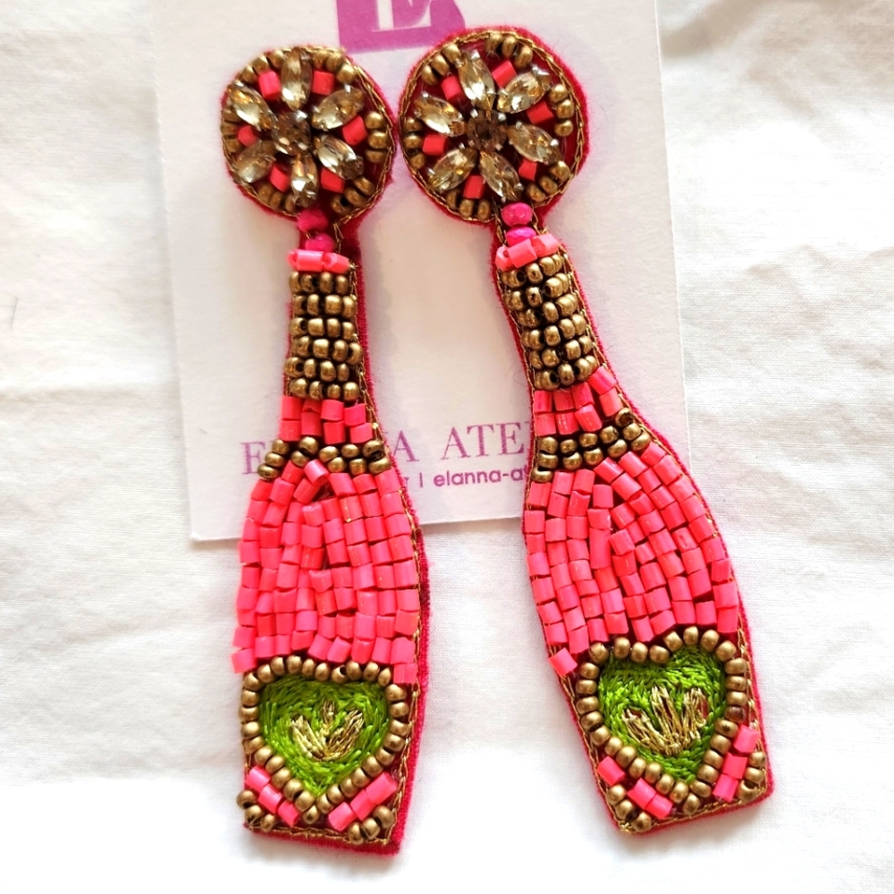 Pink beaded champagne bottle earrings